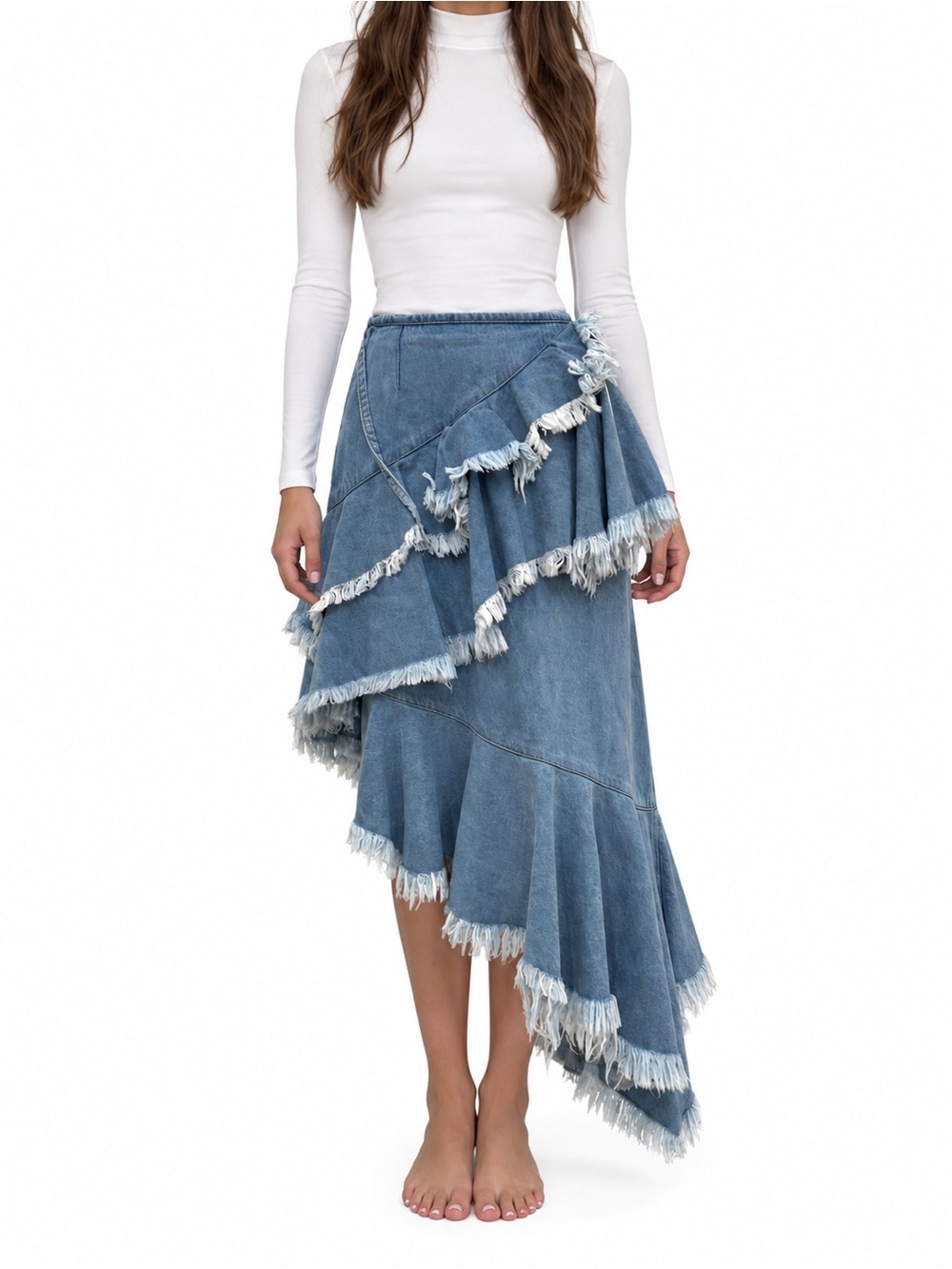 Denim Skirt - Blue Asymmetrical Frayed